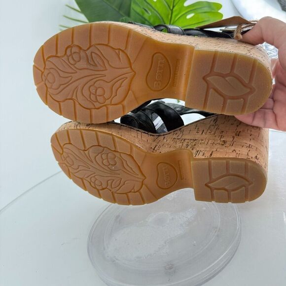 Born Bernese Womens Sandal Size 10 Black Leather Wedge Heel Open Toe Retro Caged - Picture 13 of 16
